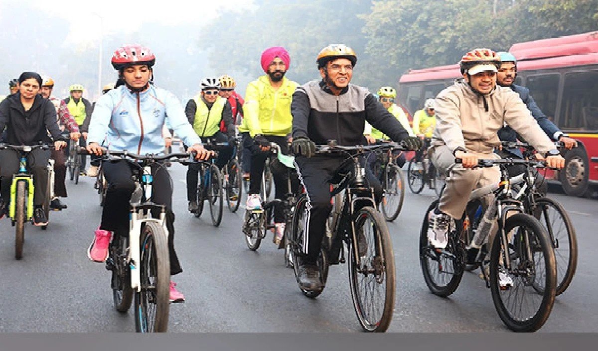 mandaviya leads fit india sunday on cycle lovlina lends support from guwahati