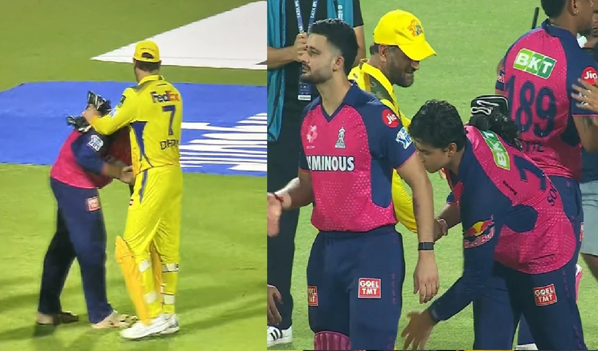 ipl 2025 csk vs rr vaibhav suryavanshi touches feet of ms dhoni after rr beat csk in ipl 2025
