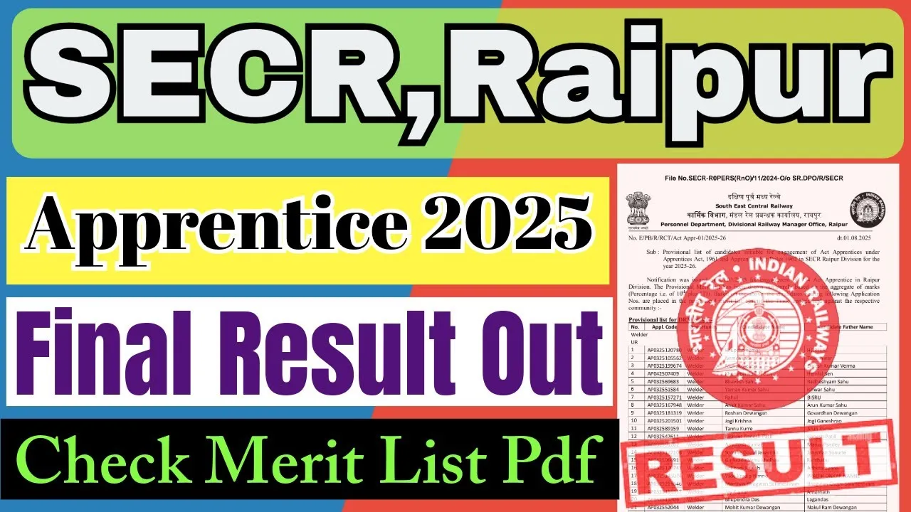 Railway SECR Raipur Apprentice Final Merit List 2025 - SarkariResultDaily.in