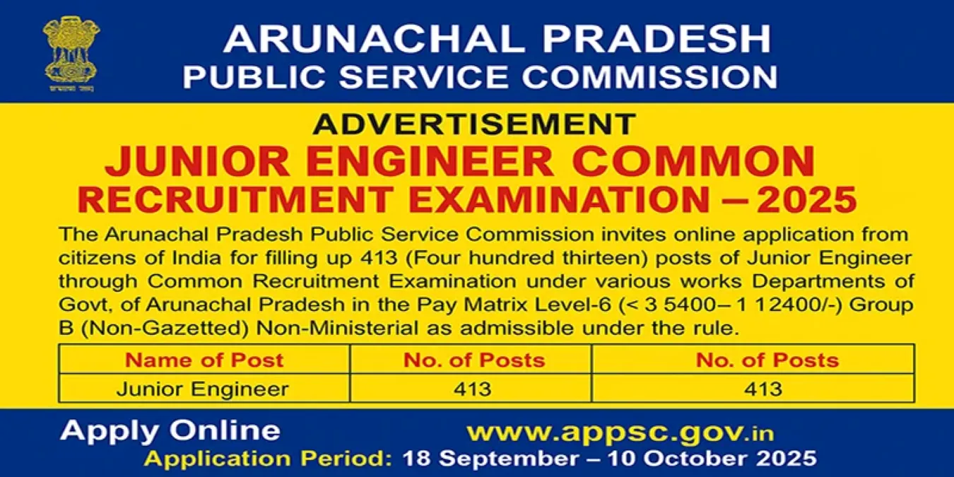 Arunachal Pradesh PSC Junior Engineer Recruitment 2025 (413 Posts Vacancy) - SarkariResultDaily.in
